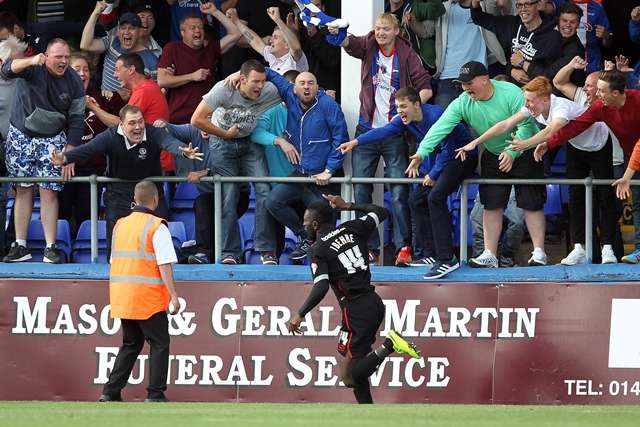 Jabo is hailed by the travelling Carlisle fans after netting the winner against Hartlepool (Photo by Media Image)