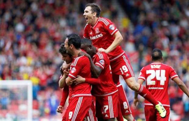 Promotion push: Downing aiming high with fellow Boro team-mates (Action Images / Craig Brough)