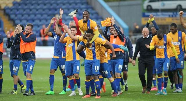 The Stags players celebrate the win over Newport (Photo by Richard Parkes)