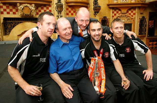 The Master: Jimmy Armfield with Blackpool's Charlie Adam, manager Ian Holloway, Gary Taylor-Fletcher and Brett Ormerod in 2010 (Photo by Action Images / Paul Thomas)