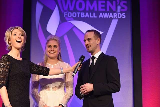 Having a laugh: Host Jacqui Oatley, England captain Steph Houghton and manager Mark Sampson (Photo courtesy of The FA)