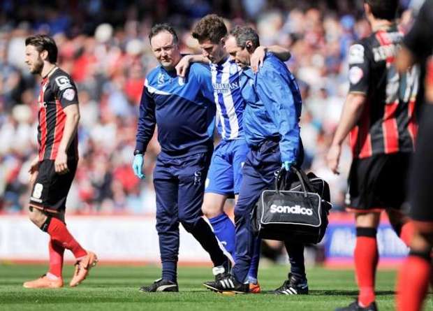 Ups and downs: Title image Hutchinson scores against Arsenal, and, seen here, hobbling off  for the Owls against Bournemouth (Photo byAction Images / Adam Holt)