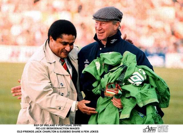 Rivals: Jack Charlton and Eusebio share a joke (Photo by Lee Beskeen/Action Images)