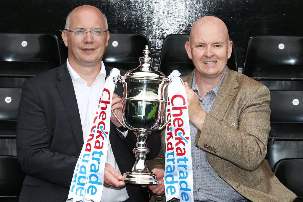 Calm before the storm: Shaun Harvey, left, with the trophy (Photo courtesy of the EFL)