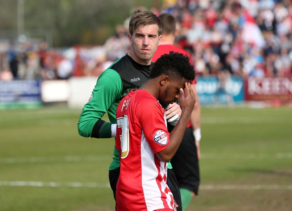 Accrington Stanley's Tarique Fosu can't believe it after his side failed to beat Stevenage in the final game of last season