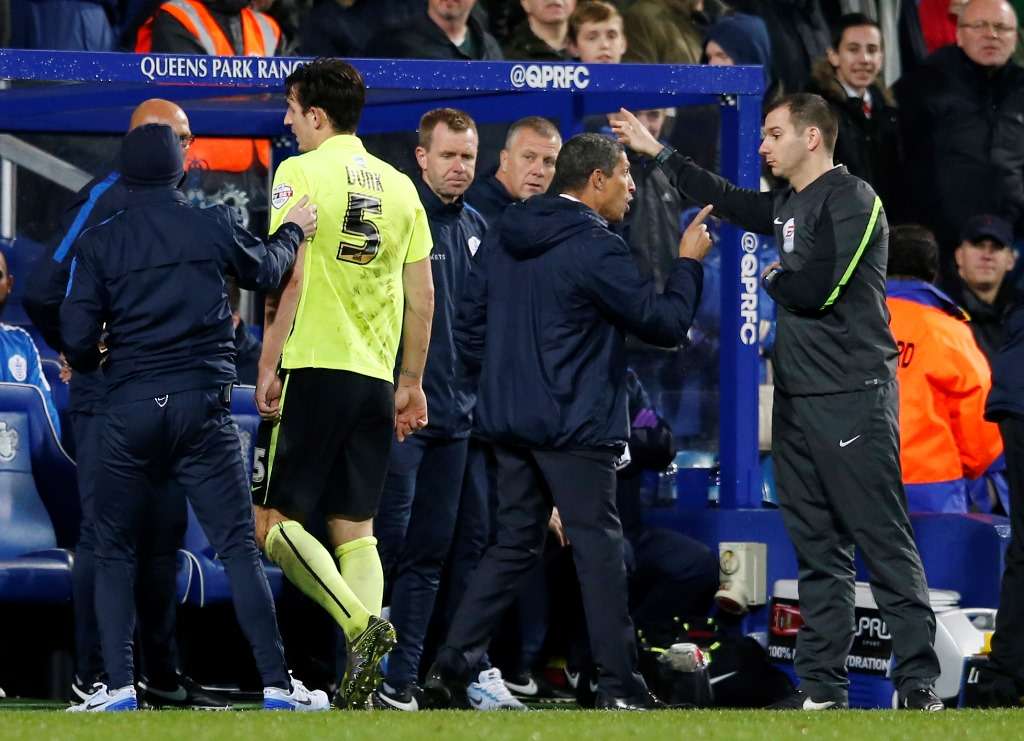 Got you covered: Chris Hughton remonstrates with the fourth official after Dunk sees red (Photo by Action Images / Paul Childs)