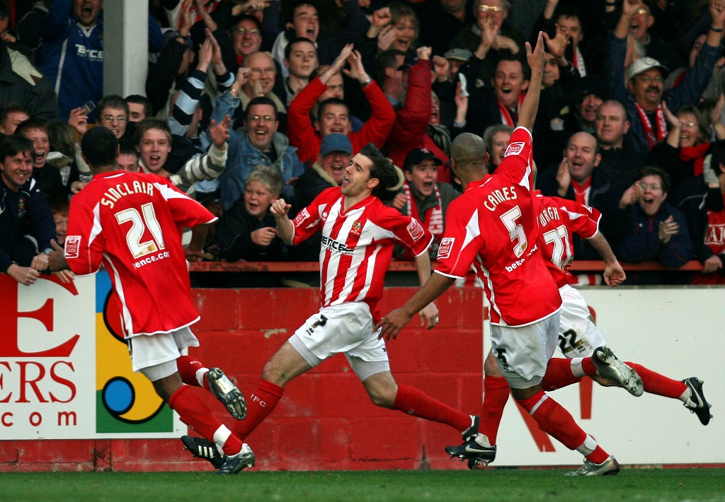 Wheeling away: Gillespie nets for Cheltenham Town in their 2007 tie against Leeds United (photo by Action Images / Lee Mills) Livepic