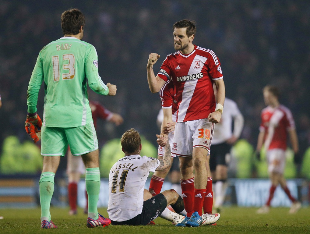 Football - Derby County v Middlesbrough - Sky Bet Football League Championship - iPro Stadium - 17/3/15 Middlesbrough's Jonathan Woodgate celebrates at full time Mandatory Credit: Action Images / Andrew Couldridge Livepic EDITORIAL USE ONLY. No use with unauthorized audio, video, data, fixture lists, club/league logos or "live" services. Online in-match use limited to 45 images, no video emulation. No use in betting, games or single club/league/player publications.  Please contact your account representative for further details.