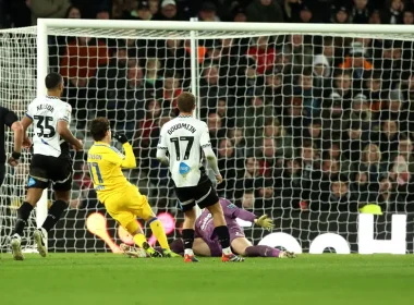 Brenden Aaronson nets the winner for Leeds Utd (Barrington Coombs:PA)