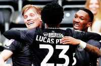 FUN TIME: The Clarets celebrate Jaidon Anthony’s, right, goal PICTURES: Alamy