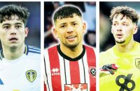 GOING FOR GLORY: From left, Leeds’ Dan James, Sheffield United’s Gus Hamer and Burnley’s James Trafford PICTURES: Alamy