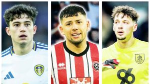 GOING FOR GLORY: From left, Leeds’ Dan James, Sheffield United’s Gus Hamer and Burnley’s James Trafford PICTURES: Alamy