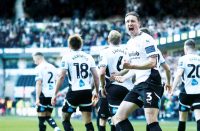 GOOD SHOUT: Craig Forsyth celebrates scoring the first goal of John Eustace’s Derby reign last weekend in the vital win against Blackburn PICTURE: Alamy