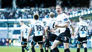GOOD SHOUT: Craig Forsyth celebrates scoring the first goal of John Eustace’s Derby reign last weekend in the vital win against Blackburn PICTURE: Alamy