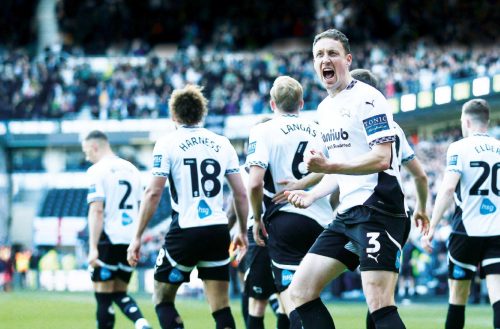 GOOD SHOUT: Craig Forsyth celebrates scoring the first goal of John Eustace’s Derby reign last weekend in the vital win against Blackburn PICTURE: Alamy