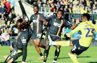 RIGHT ON TIME: Oxford United’s Siriki Dembele fires in their late winner PICTURES: Steve Edmunds