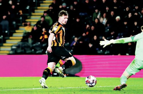 OH YES: Hull’s Joe Gelhardt scores in the crucial win against Oxford in midweek PICTURE: Alamy