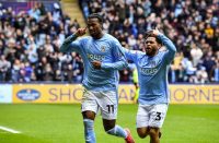 Haji Wright celebrates his opener for Coventry City with Jay Dasilva PICTURE: Alamy