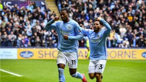 Haji Wright celebrates his opener for Coventry City with Jay Dasilva PICTURE: Alamy