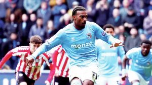 SPOT-ON: Haji Wright scores his second of the afternoon PICTURES: Alamy