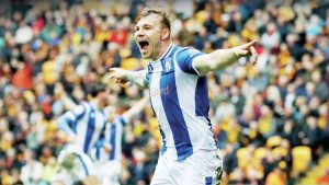 POSITIVE: Harry Anderson celebrates his goal for the U’s in last week’s defeat at Bradford PICTURE: Alamy