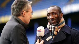 Former Chelsea player Jimmy Floyd Hasselbaink (right) being interviewed before the game during the Premier League match at Stamford Bridge, London.