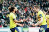 RAMS RAID: Derby’s Marcus Harness, left, celebrates his opener with Callum Elder PICTURES: Alamy