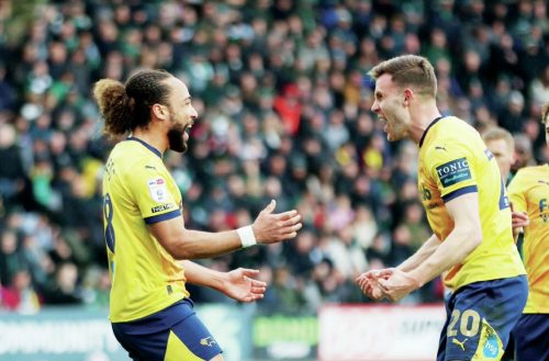 RAMS RAID: Derby’s Marcus Harness, left, celebrates his opener with Callum Elder PICTURES: Alamy
