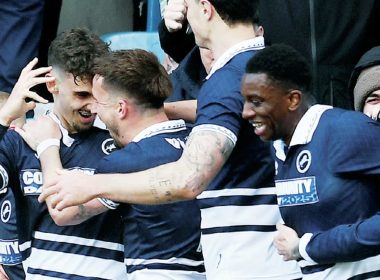 LATE SHOW: Mihailo Ivanovic celebrates his penalty winner with his team-mates PICTURES: Focus Images