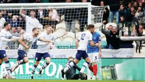 HERE WE GO: Preston celebrate Ryan Porteous’ opener against Pompey PICTURE: PSI/Paul Thompson