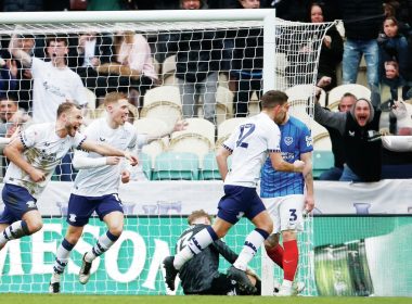 HERE WE GO: Preston celebrate Ryan Porteous’ opener against Pompey PICTURE: PSI/Paul Thompson