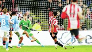 CLASSY FINISH: Sheffield United’s Rhian Brewster scores their third goal against the Sky Blues PICTURE: Alamy