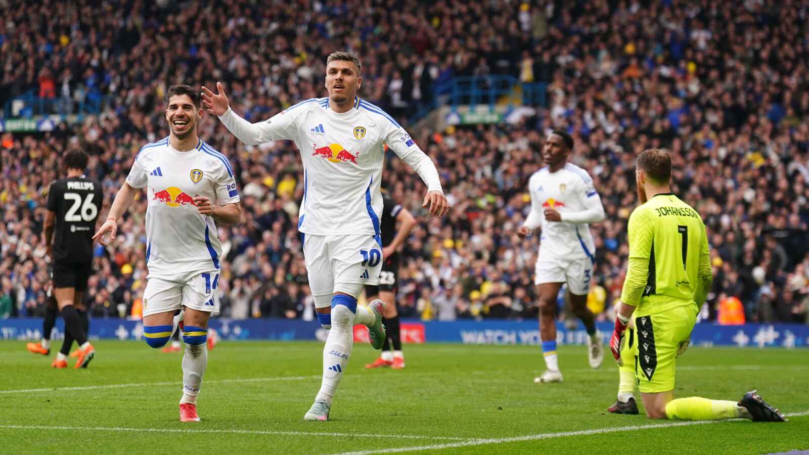 Joel Piroe netted four goals during Leeds United’s 6-0 demolition against Stoke City to help secure promotion to the Premier League