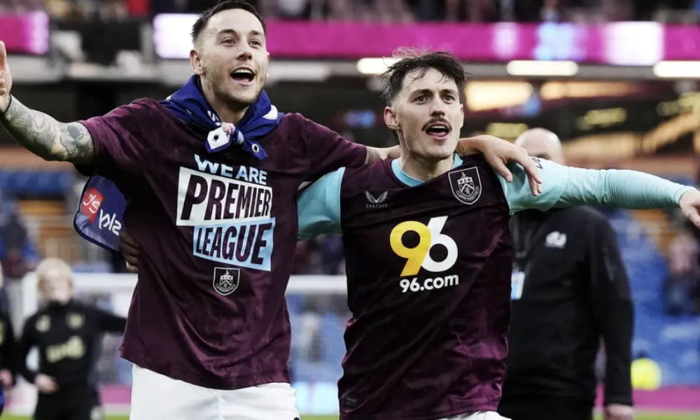 Josh Brownhill and Conor Roberts celebrate Burnley’s return to the Premier League