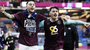 Josh Brownhill and Conor Roberts celebrate Burnley’s return to the Premier League