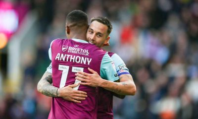 Josh Brownhill embraces Jaidon Anthony after Burnley take the lead against Sheffield United PICTURE: Alamy