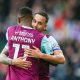Josh Brownhill embraces Jaidon Anthony after Burnley take the lead against Sheffield United PICTURE: Alamy