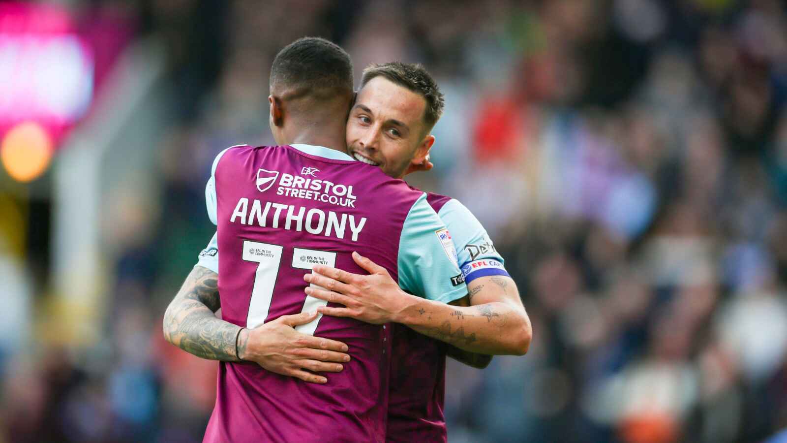 Josh Brownhill embraces Jaidon Anthony after Burnley take the lead against Sheffield United PICTURE: Alamy