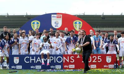 Leeds United boss Daniel Farke lifts the Championship trophy after victory over Plymouth Argyle PICTURE: Alamy