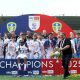 Leeds United boss Daniel Farke lifts the Championship trophy after victory over Plymouth Argyle PICTURE: Alamy