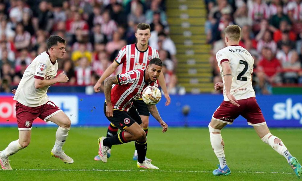 Vini Souza of Sheffield United in action during the second-leg victory over Bristol City in the EFL Championship play-off semi-finals at Bramall Lane PICTURE: Alamy