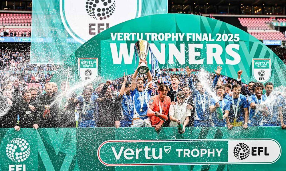 Peterborough United lift the 2025 Vertu Trophy after beating Birmingham City at Wembley PICTURE: Alamy
