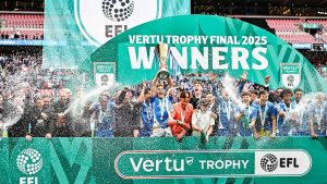 Peterborough United lift the 2025 Vertu Trophy after beating Birmingham City at Wembley PICTURE: Alamy