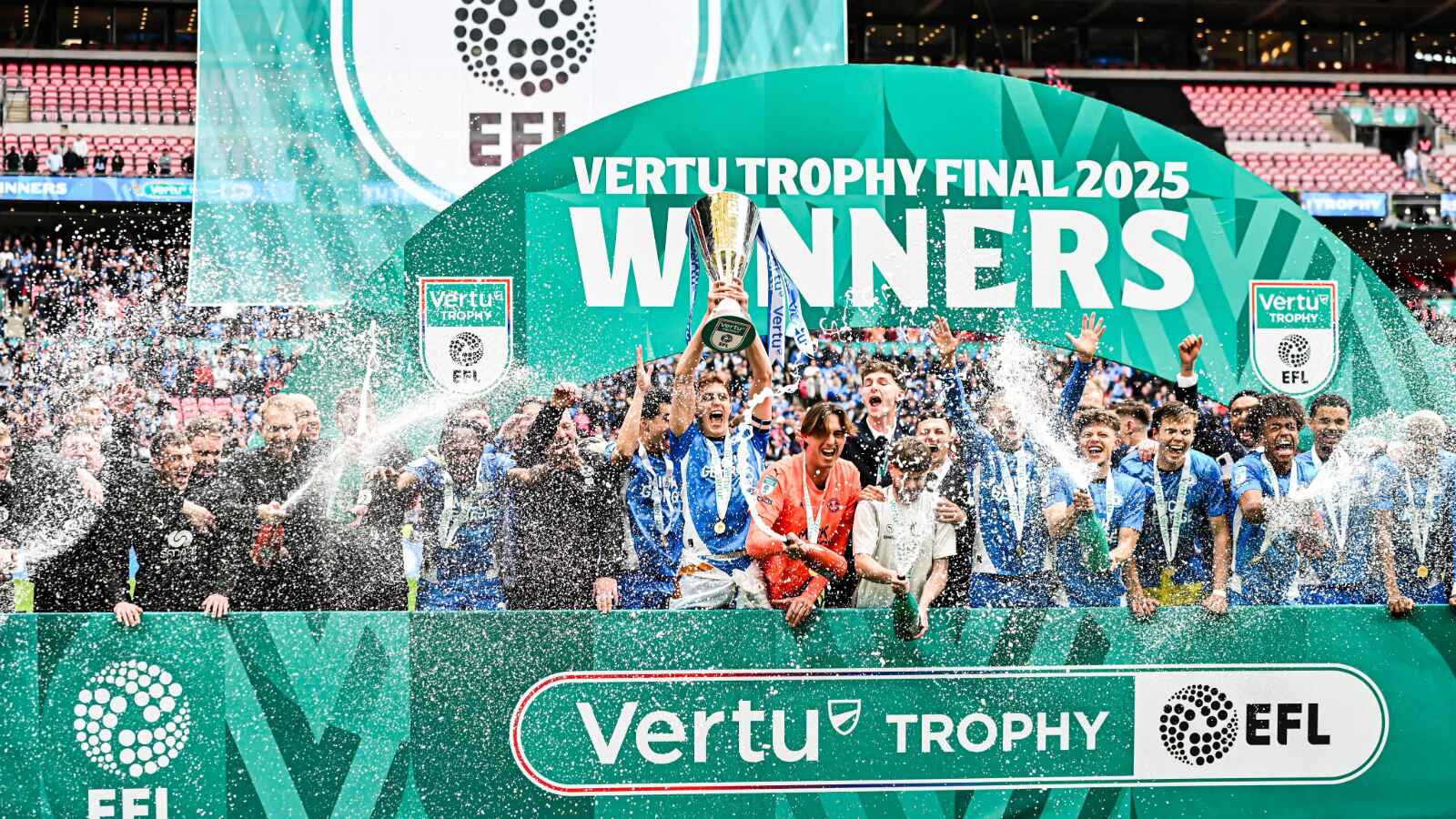 Peterborough United lift the 2025 Vertu Trophy after beating Birmingham City at Wembley PICTURE: Alamy