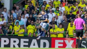 JUMPING FOR JOY: Macaulay Langstaff celebrates his winner at Norwich last week PICTURE: Alamy