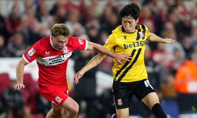 Middlesbrough’s Aidan Morris and Stoke City’s Bae Jun-Ho battle for the ball