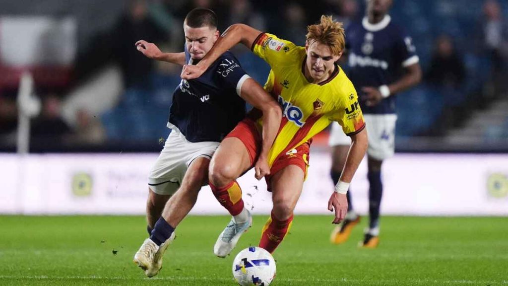 Millwall's Camiel Neghli and Watford's Hector Kyprianou battle for the ball
