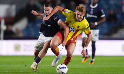 Millwall’s Camiel Neghli and Watford’s Hector Kyprianou battle for the ball