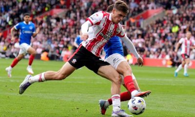 Southampton’s Tom Fellows battles for the ball against Portsmouth