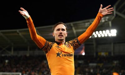 Hull City's Liam Millar celebrates his goal against Leicester City